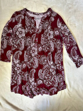 Emma Paisley Long Sleeve Tunic in Burgundy & White Size XL